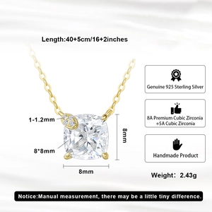 Detail view of S925 sterling silver necklace with 8mm square 8A cubic zirconia pendant