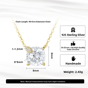 Detail view of S925 sterling silver necklace with cushion-cut 8A cubic zirconia pendant