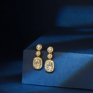 Close-up of gold-plated drop earrings with oval cubic zirconia and micro-pave crystals