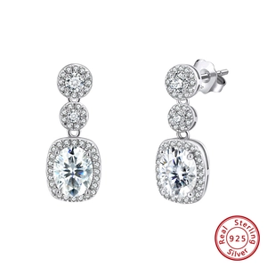 Elegant 925 sterling silver drop earrings with triple-layered sparkling white zircon stones