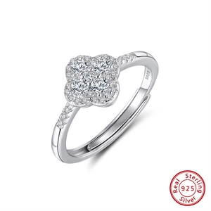 Sparkling S925 sterling silver four-leaf clover adjustable ring with brilliant cubic zirconia