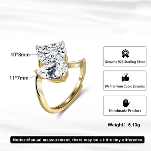 Macro detail of S925 sterling silver ring with dual cubic zirconia and size dimensions