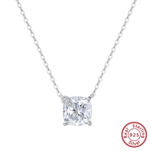 Classic S925 sterling silver necklace with large cushion cut solitaire pendant for women