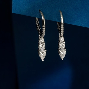 S925 silver hoop earrings with pear and round cubic zirconia drop stones in micro-pave setting
