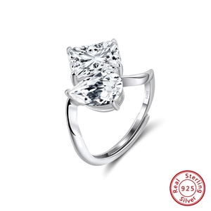 Polished S925 sterling silver Toi et Moi open ring with radiant and pear cut gems