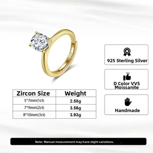 Detailed chart showing S925 silver moissanite ring specifications and handmade features