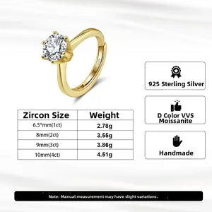 Detail of 925 sterling silver ring with six-prong Moissanite and D color VVS clarity