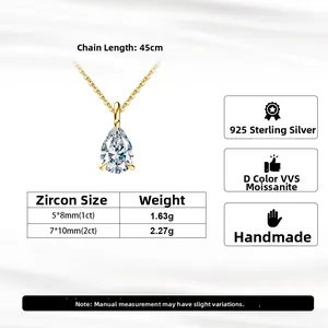 Detail specifications of S925 silver pear-cut moissanite pendant necklace with 45cm chain
