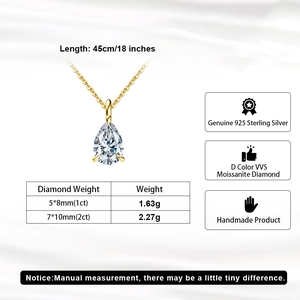 Detail of pear-cut moissanite pendant necklace with 925 silver 45cm chain and d-color stone