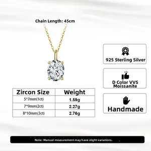 S925 silver moissanite necklace sizes 1ct 2ct 3ct and weight comparison table