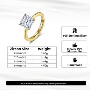 Size guide for S925 sterling silver ring with emerald-cut moissanite stone