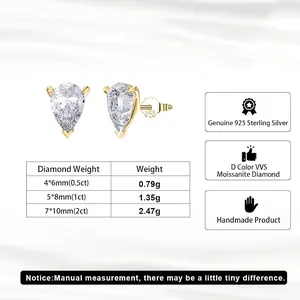 Πίνακας μεγεθών για σκουλαρίκια moissanite σε σχήμα αχλαδιού με βάρος και διαστάσεις