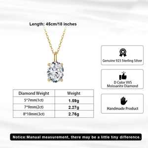 Detail of 925 sterling silver necklace showing oval cut moissanite size and weight chart