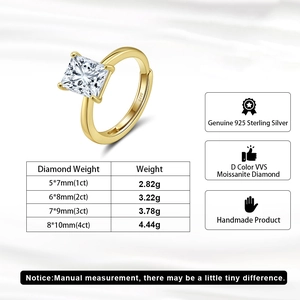 Detail view of S925 silver ring with moissanite size and weight specification chart