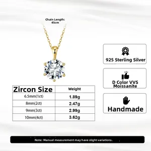 Detail of S925 sterling silver necklace with a six-prong D color VVS moissanite pendant
