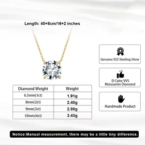 Size guide for S925 sterling silver moissanite necklace with weight and length specifications