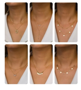 Collage of six minimalist gold plated necklaces featuring geometric and floral pendants