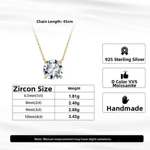 Detailed specs of D-color VVS moissanite pendant in 925 sterling silver four-prong setting
