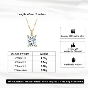 Size chart showing S925 sterling silver moissanite necklace weights from 1ct to 4ct