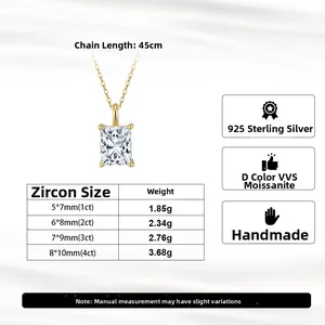 Size chart showing S925 silver moissanite necklace dimensions and weights for 1ct to 4ct