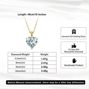 Detailed size chart for S925 sterling silver heart-shaped moissanite pendant necklace