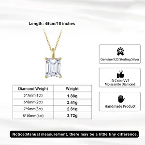 Size chart for S925 silver moissanite necklace with weight and chain length details