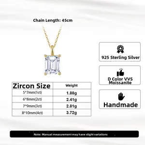 Detailed size chart for 925 sterling silver emerald cut moissanite necklace from 1 to 4 carats