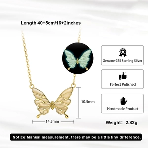 Detail of 925 sterling silver butterfly necklace with luminous glow effect and dimensions