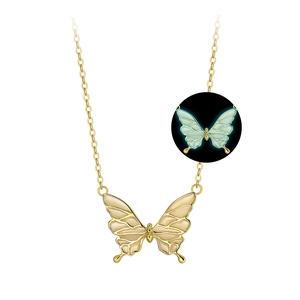 925 Sterling Silver Luminous Butterfly Pendant Necklace For Women Elegant Glow In The Dark Rhinestone Electroplated Fashion Jewelry
