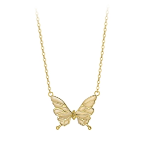 Detail of elegant butterfly pendant necklace with golden frame and cream enamel finish