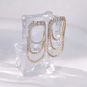 Elegant gold S925 sterling silver drop earrings with pavé crystals and layered oval design