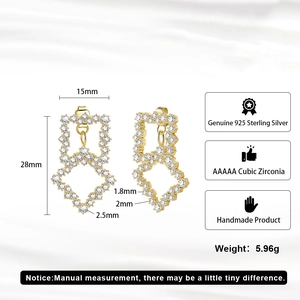 Detailed size specifications for geometric zircon earrings made of gold-plated 925 silver