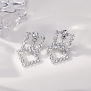 Exquisite geometric square stud earrings with pave-set zircon in polished silver finish