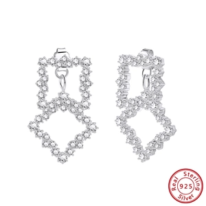 Elegant 925 sterling silver geometric square drop earrings with sparkling zircon stones