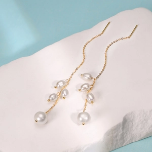 925 silver grape tassel long ear thread earrings with white pearls and gold chain