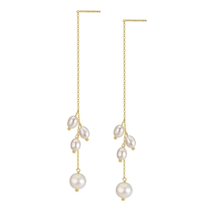 Elegant 925 silver gold-plated long tassel pearl earrings with baroque drop design