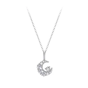 Sparkling S925 sterling silver crescent moon pendant necklace with cubic zirconia stones