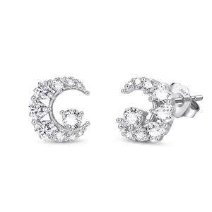 Sparkling S925 sterling silver crescent moon stud earrings with zircon stones
