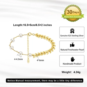 Detail of 925 sterling silver pearl bracelet with golden leaf accents and dimensions