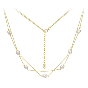 Double-layered S925 sterling silver gold necklace featuring elegant white oval pearls