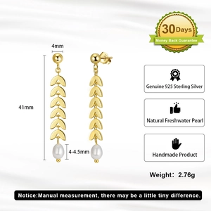 Detail of 925 silver wheat leaf earrings with drop pearls showing dimensions and 41mm length