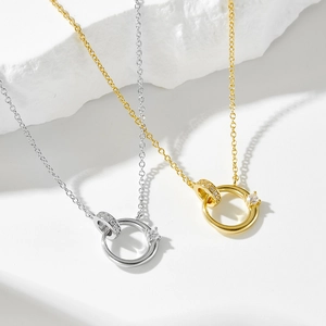 S925 sterling silver interlocking double circle pendant necklace with micro-pave zircons