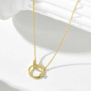 925 Sterling Silver Interlocking Double Circle Pendant Necklace For Women Micro Rhinestone Inlaid Fashion Clavicle Chain