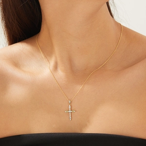 S925 Sterling Silver cross necklace with colorful zircons worn on female neck