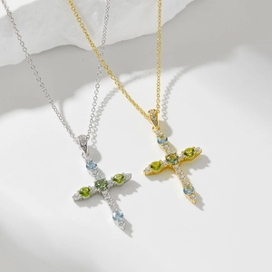 S925 silver cross pendant necklace with colorful zircon stones in gold and silver