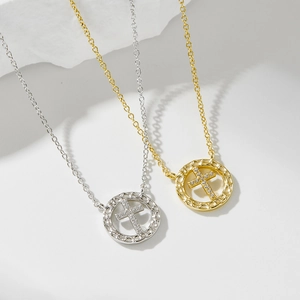 Collane croce rotonda in argento sterling 925 con diamanti micro-intarsiati in oro e argento