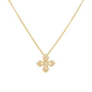 Élégant collier trèfle doré avec zircons micro-pave et chaîne à maillons fins sur fond blanc