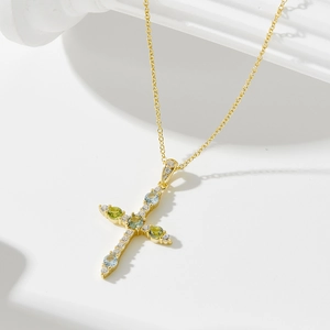 925 Sterling Silver Cross Pendant Necklace Multicolor Zirconia Pave Set Fashion Gold Silver Plated Jewelry For Women Gift