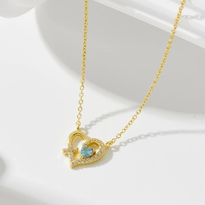 Collier Pendentif Croix Coeur Creux en Argent Sterling 925 Chaîne de Clavicule avec Strass Bleu Incrusté Bijoux Mode Cadeau Femme