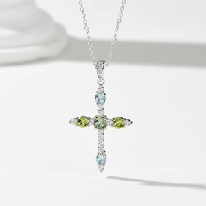 S925 sterling silver cross pendant necklace with colorful zircons on white background